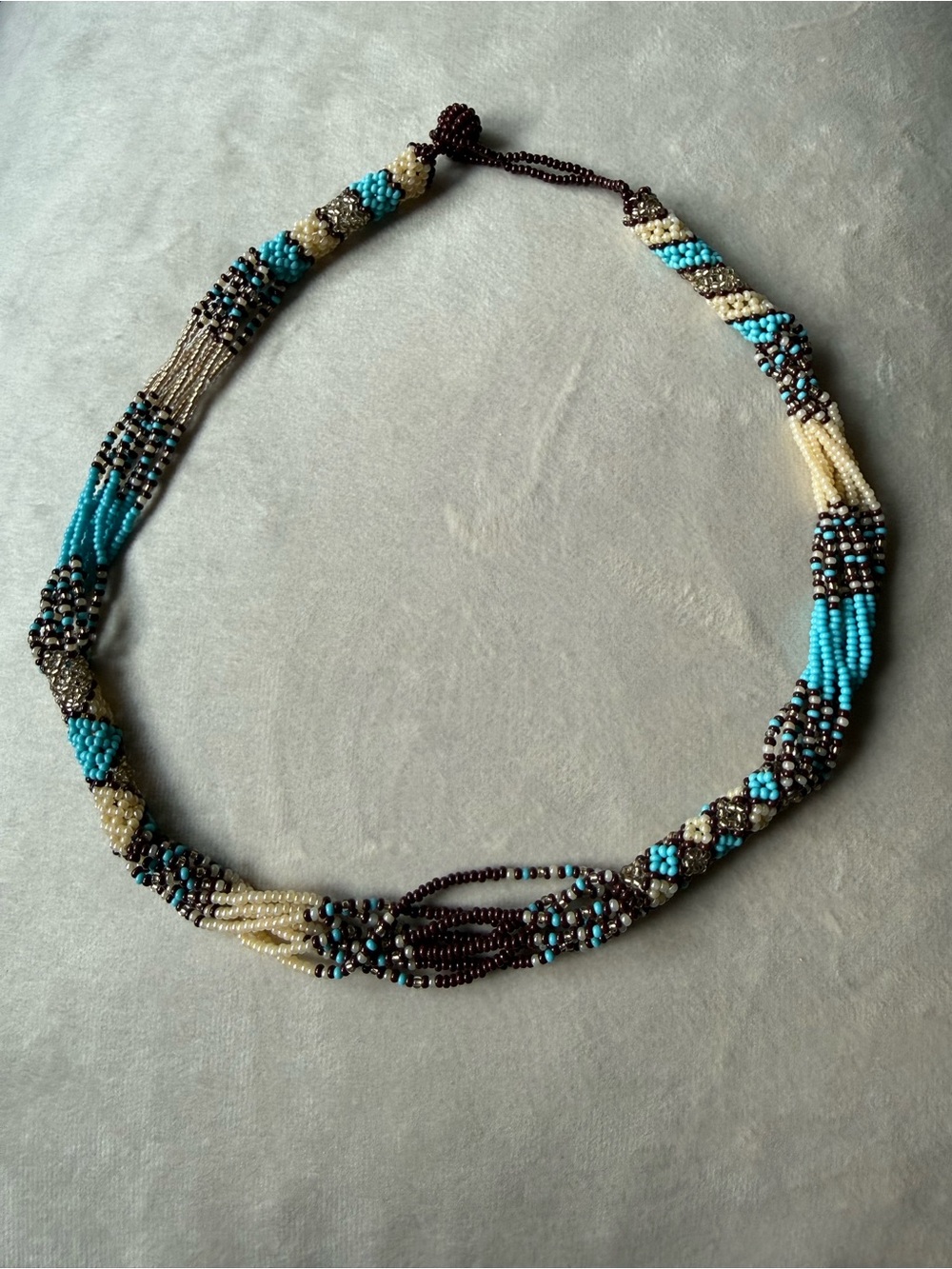 Hand made Turquoise, Cream & Brown Twisted Seed Bead Necklace
